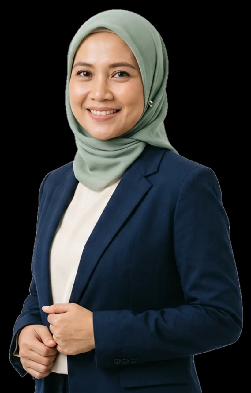 Potret Bundayani mengenakan hijab dan blazer, tersenyum hangat